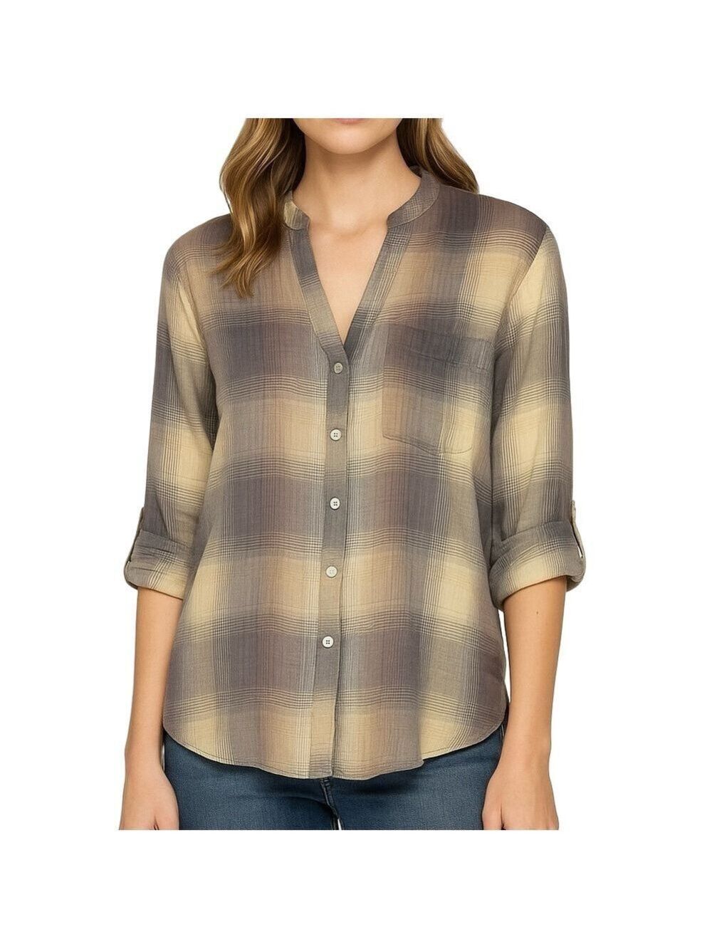 Anthropologie’s STARING AT STARS Gray & Cream Sheer Plaid Top Size S